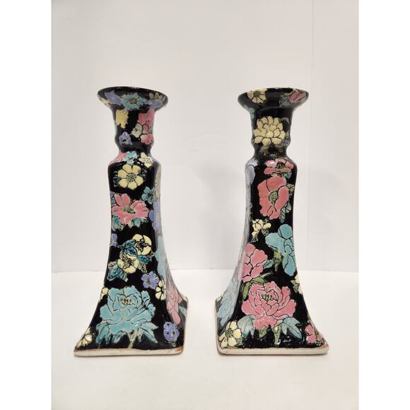 Vintage Floral Ceramic Candle Holders – Black Cloisonné Style Pair - Picture 3 of 6